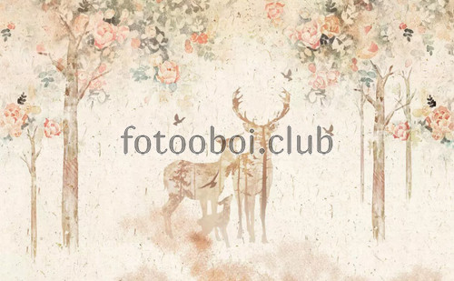 лес, деревья, птицы, цветы, олени, животные, дизайнерские